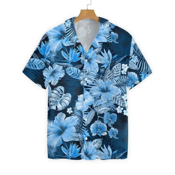 Monochrome Blue Tropical Floral Hawaiian Shirt HT091
